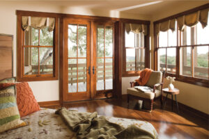 Wood patio doors leading to a deck